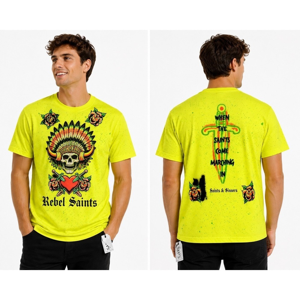 Rebel Saints Neon Yellow Marching In Graphic Skull Roses T-Shirt NWT L300 Sz M